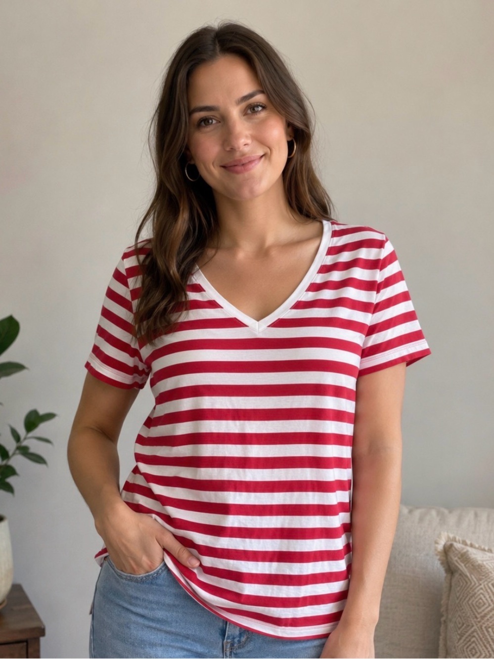 Merona Red and White Striped V-Neck Tee Size XL